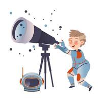 Cute boy astronaut looking at stars in using telescope. Design element can be used for children print, books, stickers, posters illustration vector