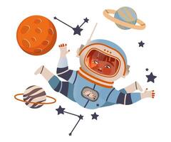 Boy astronaut flying in outer space. Design element can be used for children print, books, stickers, posters illustration vector