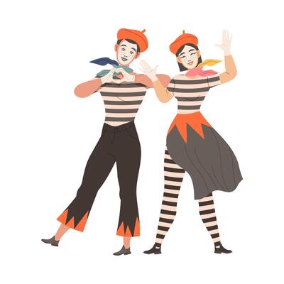 Couple of mimes performing pantomime. Silent male and female actors character taking part at show cartoon illustration