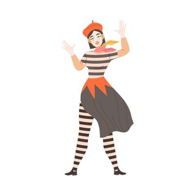 Woman mime performing pantomime. Silent actor character taking part at show cartoon illustration
