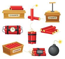 Dynamite bombs set. Red dynamite sticks, detonator box and bomb with wick illustration vector