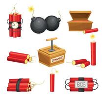 Dynamite set. Red sticks, detonator box and bomb with bickford fuse illustration vector