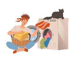 Man loading laundry into washing machine. Househusband at everyday routine cartoon illustration vector