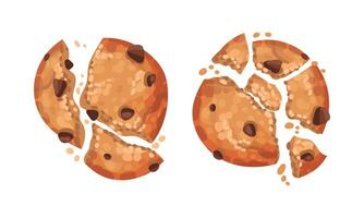 Broken crispy cookies with chocolate chips set illustration on white background vector