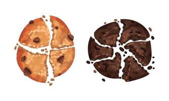 Broken crispy cookies set. Biscuits with chocolate chips and cocoa illustration vector
