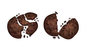 Broken crispy chocolate biscuits with crumbs set illustration on white background vector