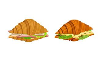 Crunchy croissants with various ingredients set. French croissant with ham, cheese, sausage, lettuce illustration vector