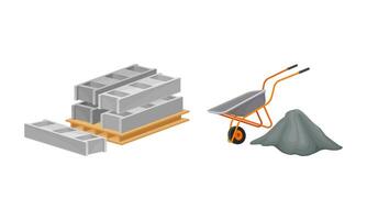 Building construction materials set. Pallet of concrete blocks and wheelbarrow illustration vector