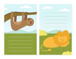 Zoo Animal Lined Card with Lion and Sloth Hanging on Tree Branch Template vector