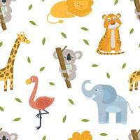 Zoo Animal with Pink Flamingo and Koala on Tree Trunk Seamless Pattern Template vector