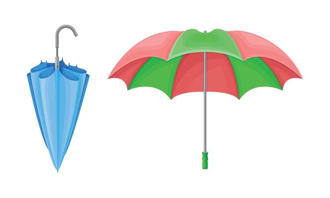 Closed and Open Umbrella as Waterproof Protective Accessory for Rainy Weather Set