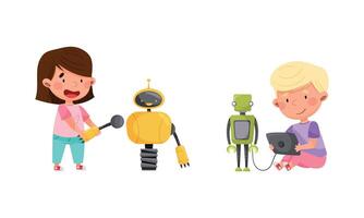 Smiling Little Boy and Girl Engineering and Configurating Robot Set vector