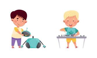 Smiling Little Boy Engineering and Configurating Robot Set vector