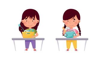 Smiling Little Girl Engineering and Configurating Robot Set vector