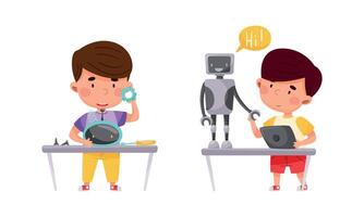 Smiling Little Boy at Table Engineering and Configurating Robot Set vector