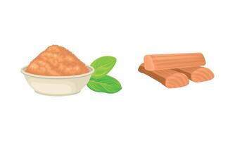 Powdered Sandalwood Poured in Bowl and Chip Isolated on White Background Set vector