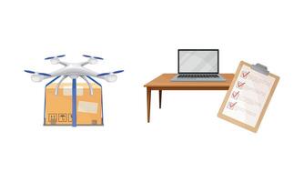 Drone with Cardboard Box and Clipboard with Checklist as Shopping Logistics and Order Delivery Set vector
