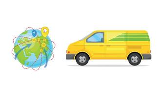 Globe with Navigation Point and Van as Shopping Logistics and Order Delivery Set vector