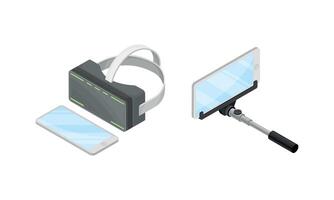 Smartphone Software with Augmented Reality Glasses and Selfie Stick Isometric Set vector