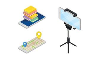 Smartphone Software with Online Navigation App Showing Route and Filming with Tripod Isometric Set vector