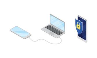 Smartphone Software with USB Cable and Secure App Isometric Set vector