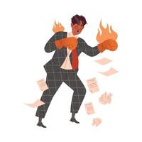 Angry boss in flaming boxing gloves fighting on isolated on white background vector