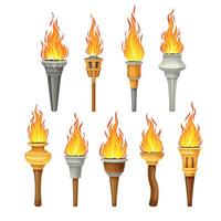 Torch with Brightly Burning Fire on Top as Ignited Light Source Set vector