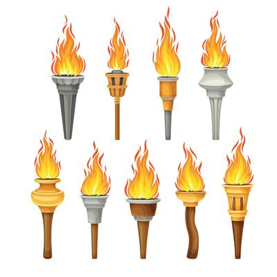 Torch with Brightly Burning Fire on Top as Ignited Light Source Set