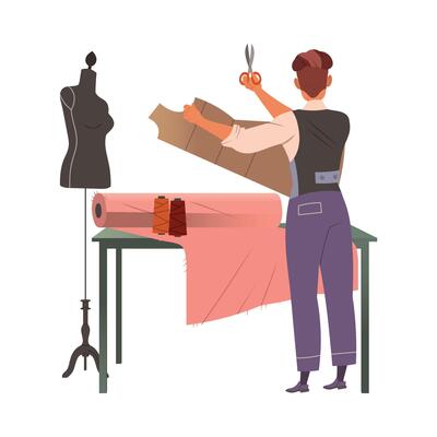 Man Fashion Designer or Tailor with Scissors Cutting Pattern of Clothing Garment Model Illustration