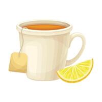 Tea Mug with Teabag as Hot Aromatic Beverage Poured with Boiling Water for Brewing and Lemon Slice Closeup Illustration vector