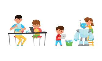 Little Boy and Girl at Table Engineering and Configurating Robot with Tablet Set vector