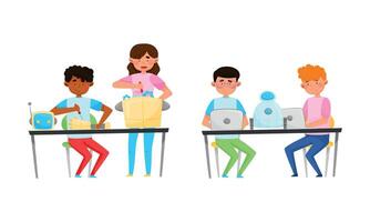 Young Boy and Girl at Table Engineering and Configurating Robot Set vector
