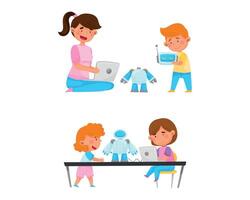 Little Boy and Girl at Table Engineering and Configurating Robot with Laptop Set vector