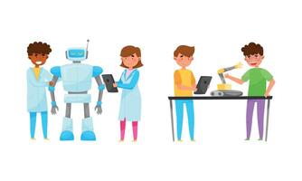 Young Boy and Girl at Table Engineering and Configurating Robot with Tablet Set vector
