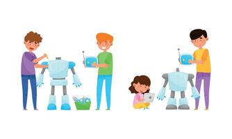 Young Boy and Girl Engineering and Configurating Robot Set vector