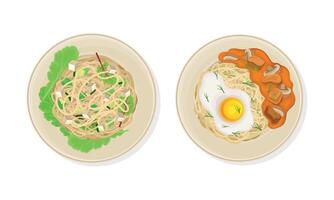 Thai Dish and Main Course with Noodles with Soft Cheese and Scrambled Egg Served on Plate Above View Set vector