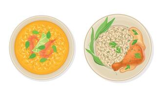 Thai Dish and Main Course with Shrimp Soup and Rice with Chicken Leg Served on Plate Above View Set vector