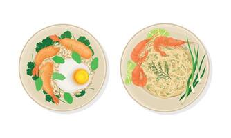 Thai Dish and Main Course with Noodles and Rice with Fried Shrimp and Scrambled Egg Served on Plate Above View Set vector