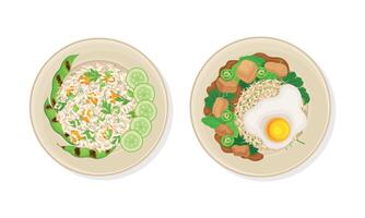 Thai Dish and Main Course with Rice and Scrambled Egg Served on Plate Above View Set vector