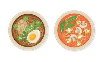 Thai Dish and Main Course with Noodle Soup with Mushroom and Boiled Egg Served on Plate Above View Set vector