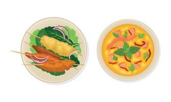 Thai Dish and Main Course with Noodles with Cream Seafood Soup and Skewered Fried Shrimp Served on Plate Above View Set vector