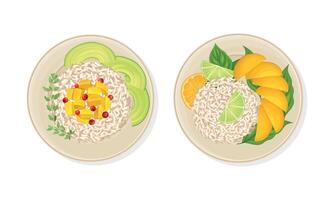 Thai Dish and Main Course with Noodles with Rice and Sliced Mango and Avocado Fruit Served on Plate Above View Set vector
