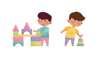 Little Boy Playing with Toy Blocks and Pyramid in Playroom Set vector