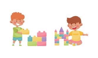 Little Boy Playing with Toy Blocks in Playroom Set vector