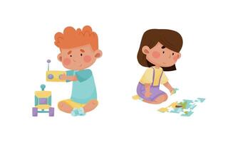 Little Boy and Girl Playing with Toy Car with Remote Control and Jigsaw Puzzle in Playroom Set vector