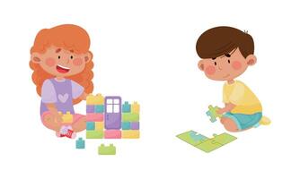 Little Boy and Girl Playing with Toy Blocks and Jigsaw Puzzle in Playroom Set vector