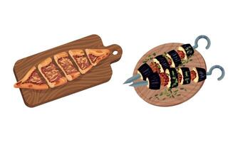 Turkish National Food with Shashlik on Skewer and Pie Above View Set vector