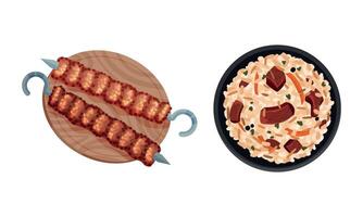 Turkish National Food with Shashlik on Skewer and Pilaf with Beef Meat Above View Set vector