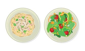 Noodles with Mushroom Garnish and Green Vegetable Salad as Vegetarian Dish Above View Set vector