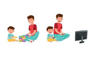 Loving Father and His Son Playing Toy Blocks and Game Spending Weekend Together Set vector